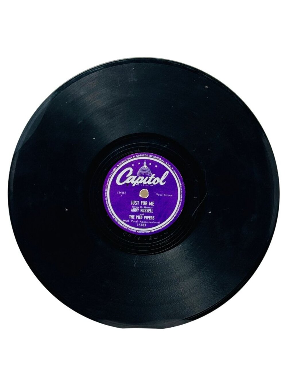 Andy Russell & The Pied Pipers Just For Me 10 Inch Shellac 78 RPM Capitol 15183